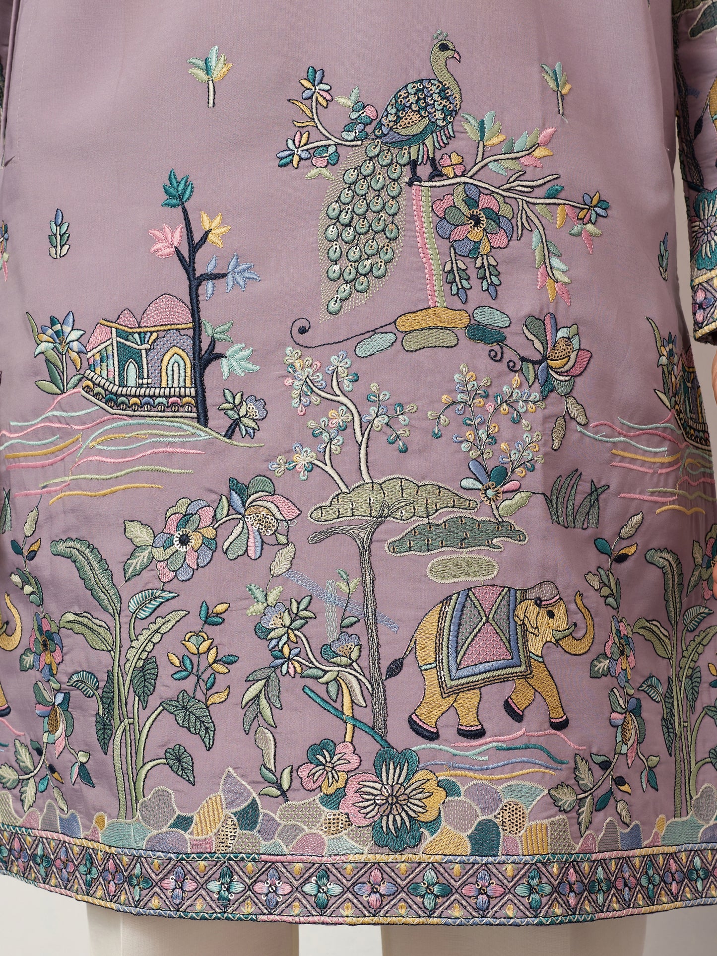 Lavender Embroidered Kurta with Peacock & Elephant Motif