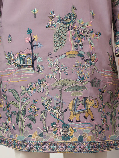 Lavender Embroidered Kurta with Peacock & Elephant Motif
