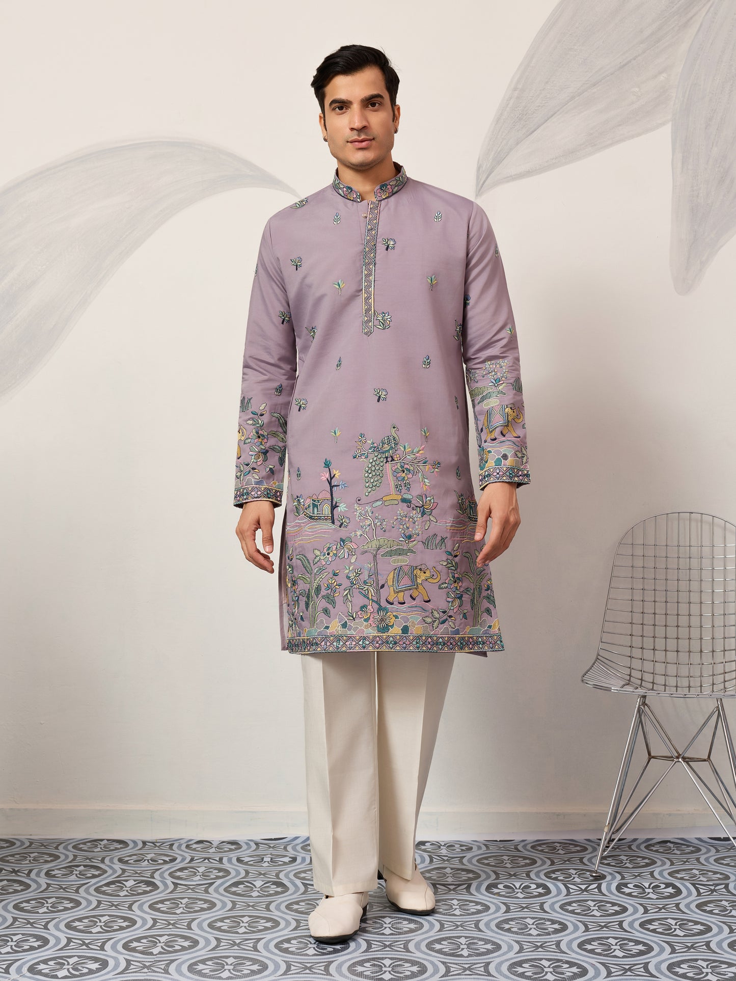 Lavender Embroidered Kurta with Peacock & Elephant Motif