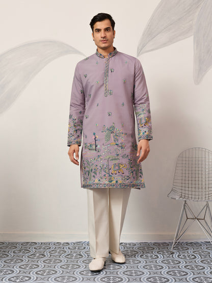 Lavender Embroidered Kurta with Peacock & Elephant Motif