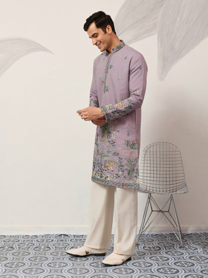 Lavender Embroidered Kurta with Peacock & Elephant Motif
