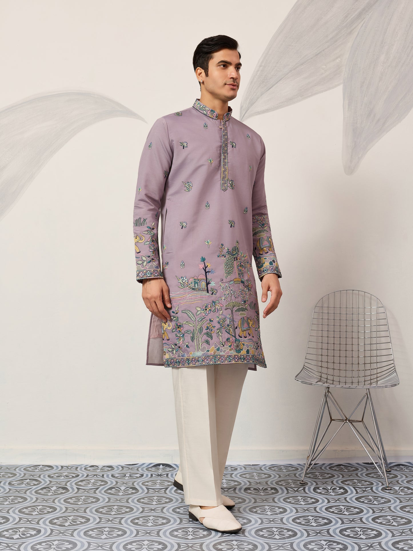 Lavender Embroidered Kurta with Peacock & Elephant Motif