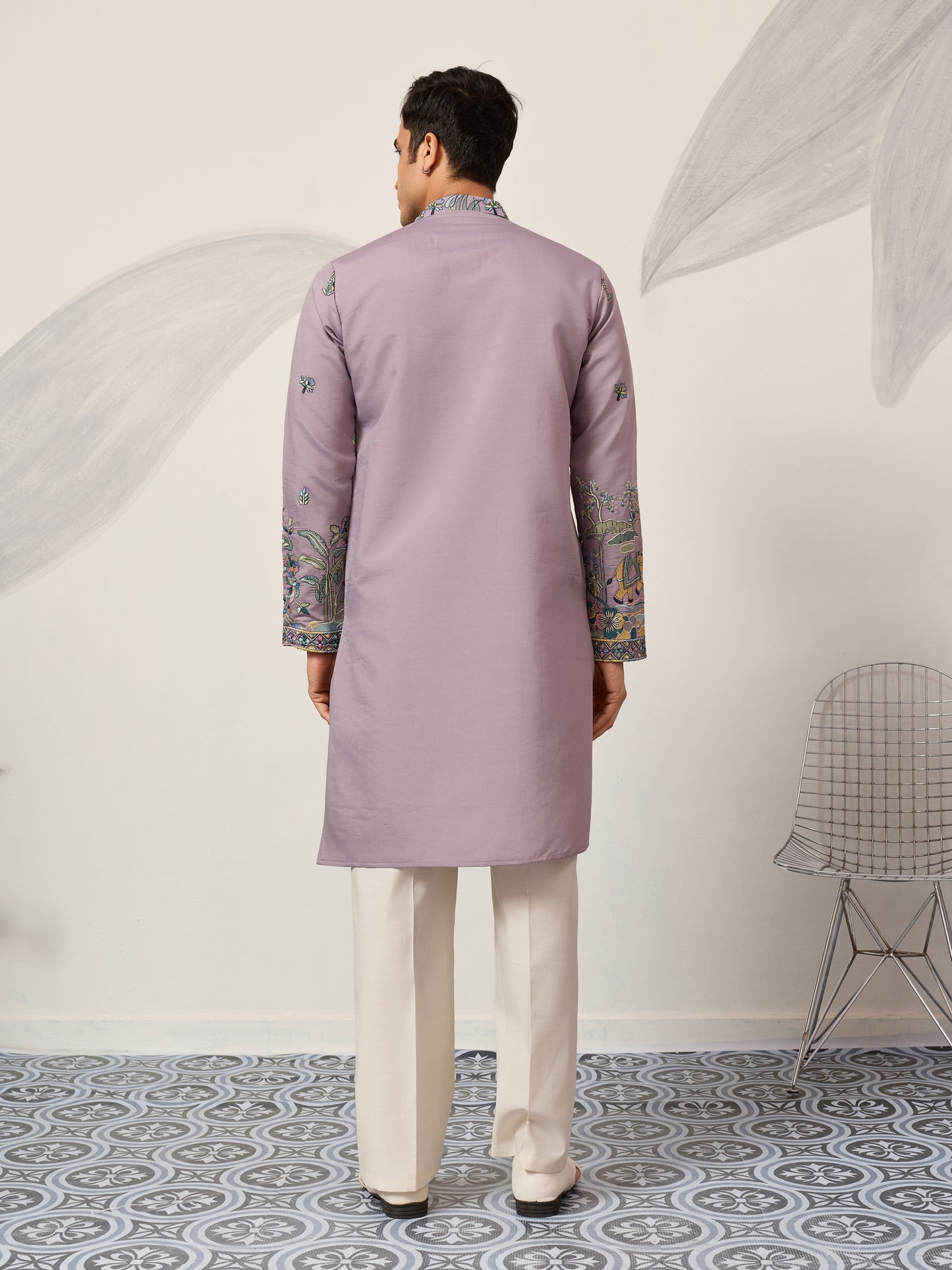 Lavender Embroidered Kurta with Peacock & Elephant Motif