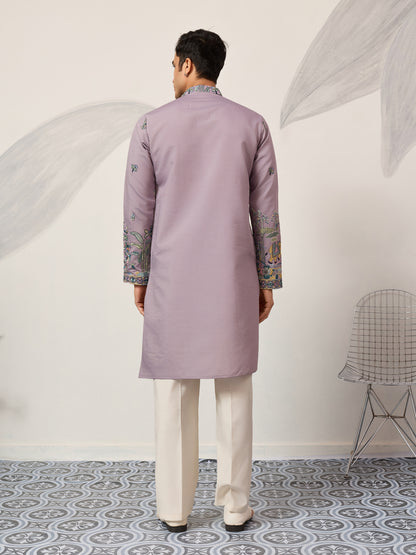 Lavender Embroidered Kurta with Peacock & Elephant Motif