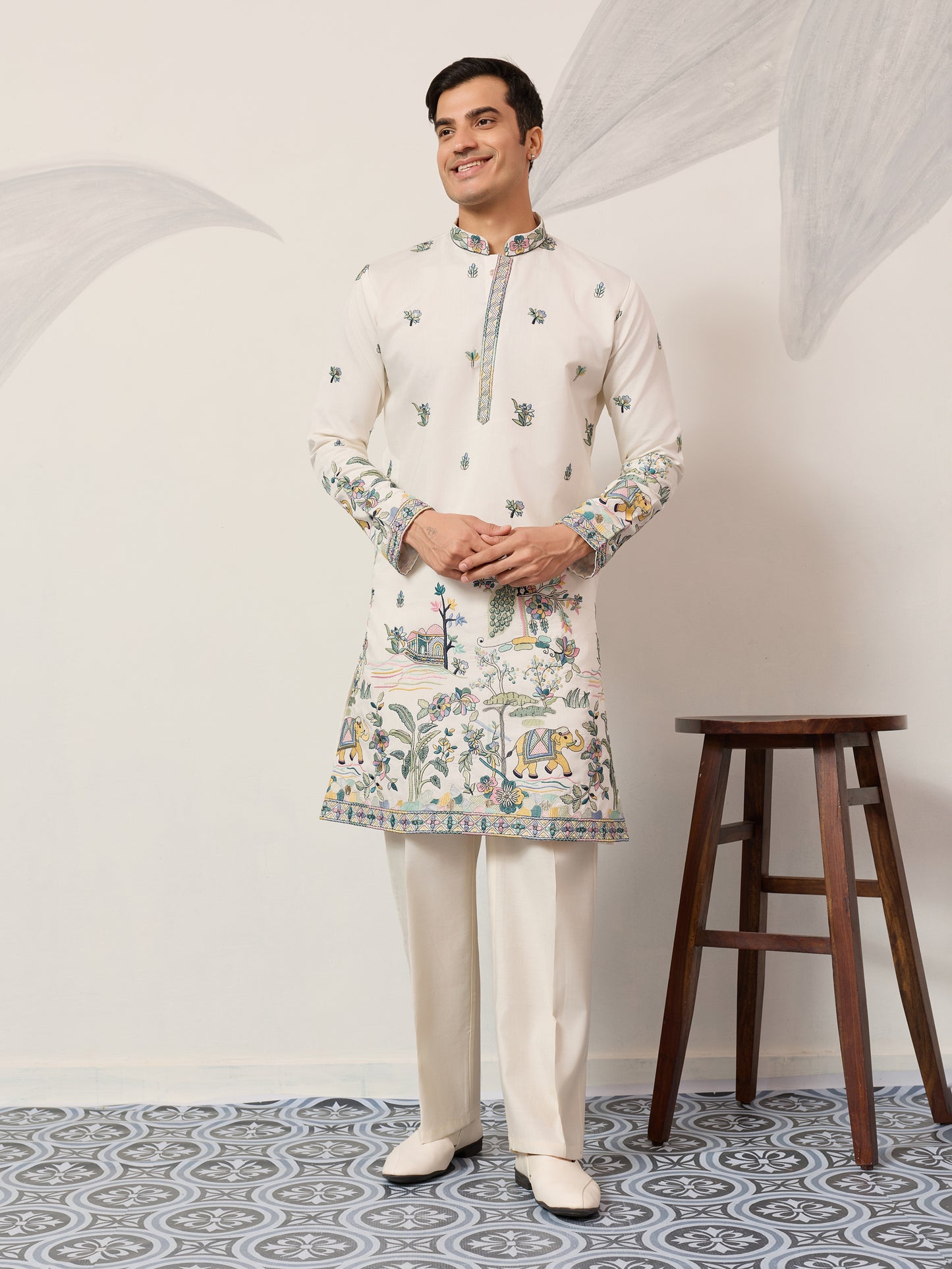 Ivory Embroidered Kurta with Peacock Motif