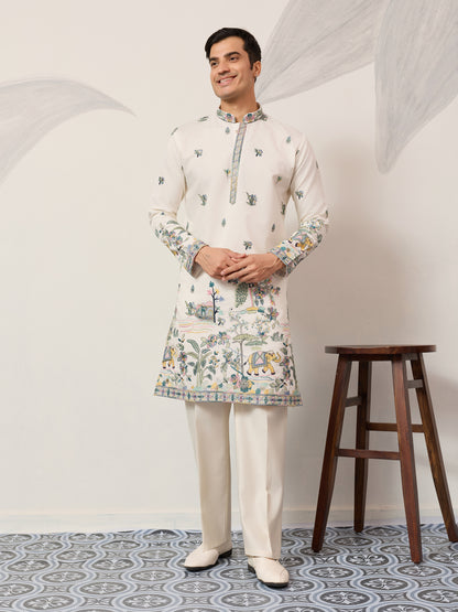 Ivory Embroidered Kurta with Peacock Motif