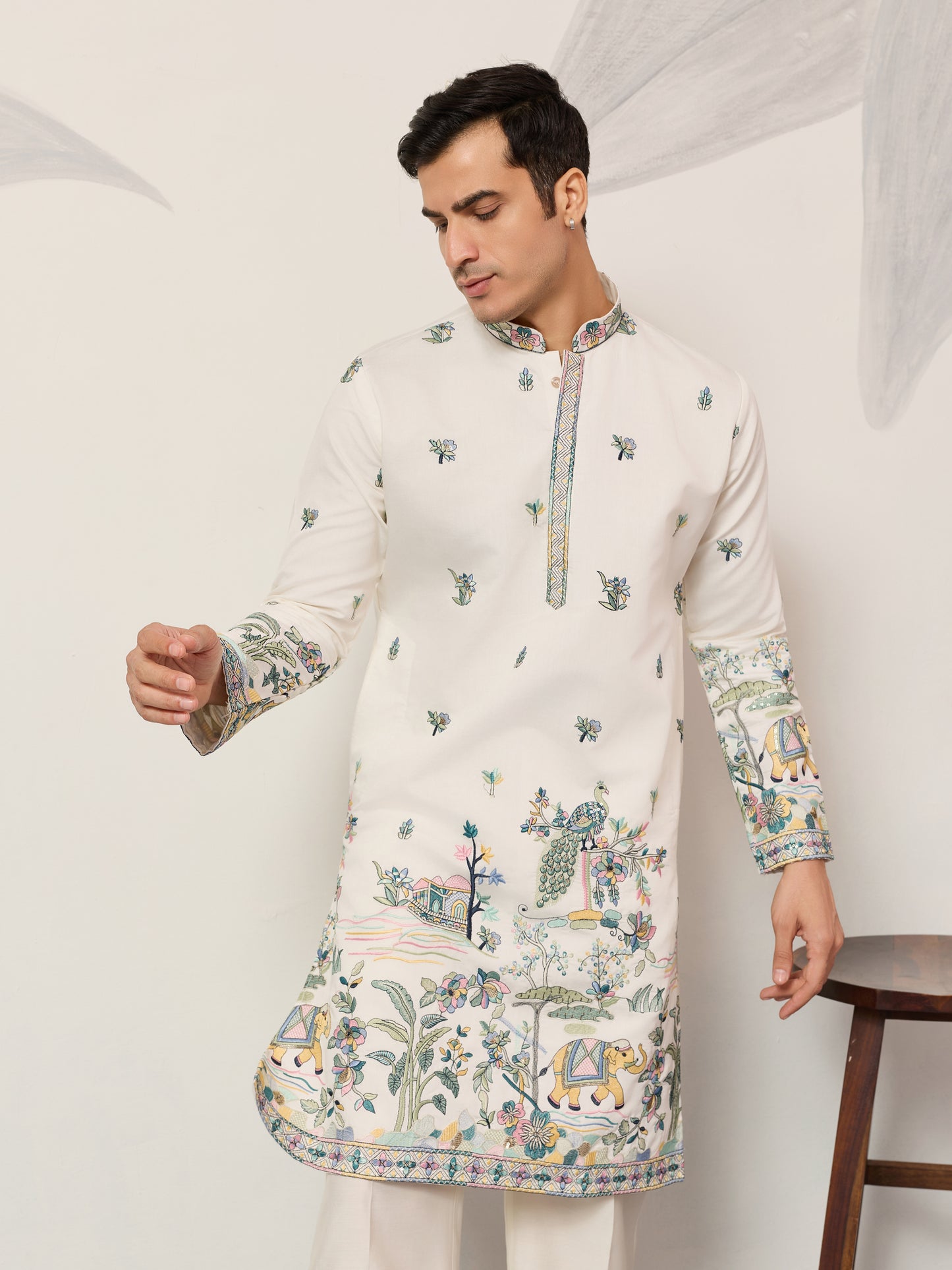 Ivory Embroidered Kurta with Peacock Motif