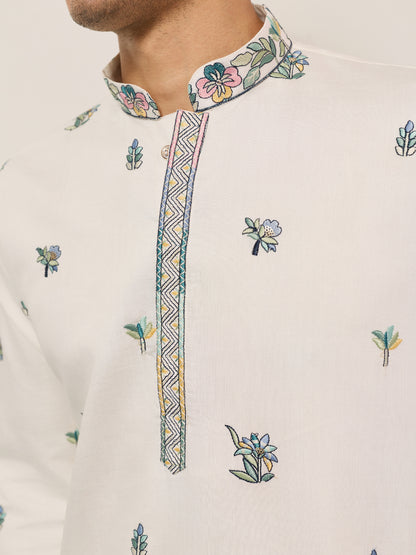 Ivory Embroidered Kurta with Peacock Motif