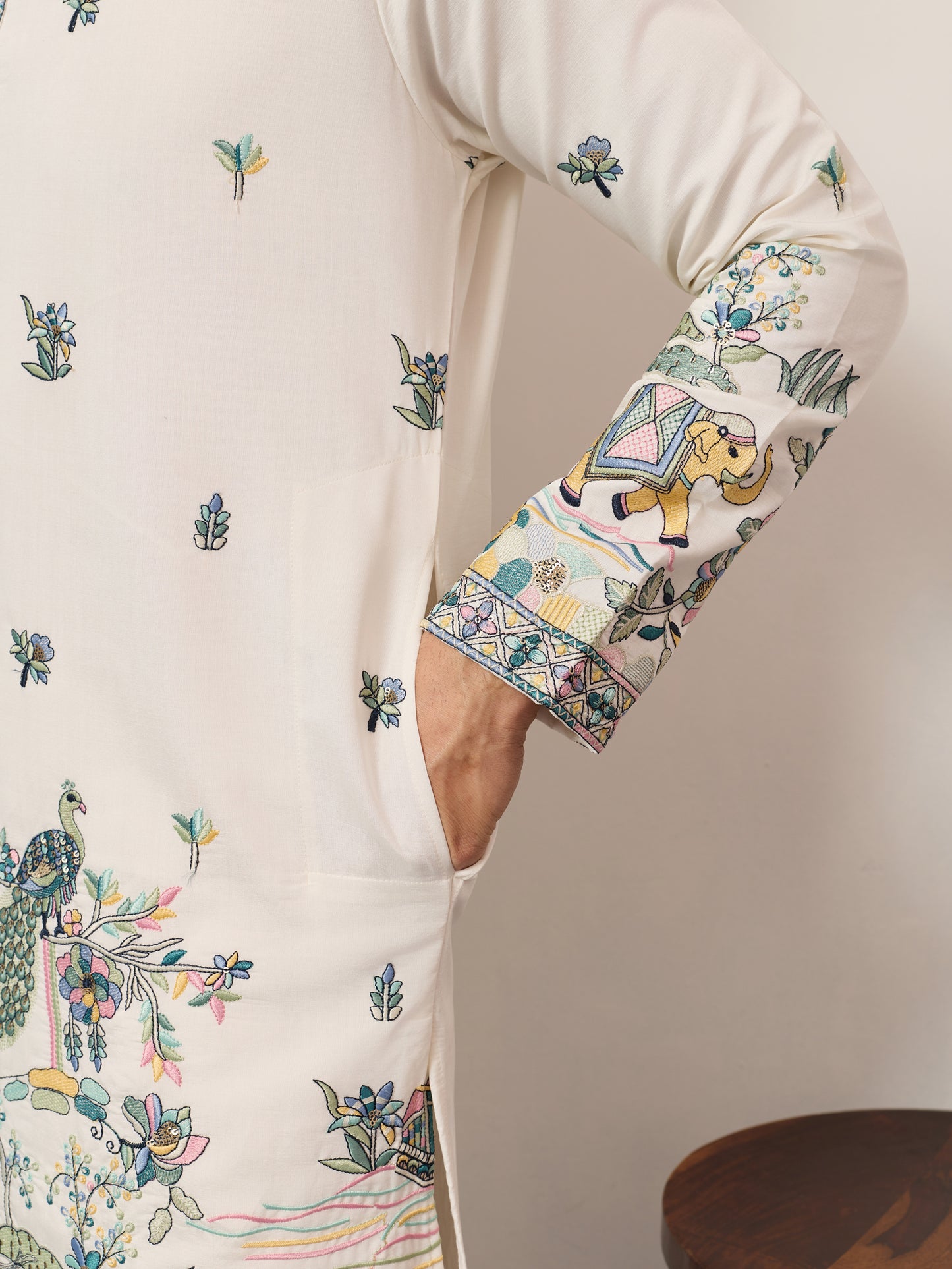 Ivory Embroidered Kurta with Peacock Motif