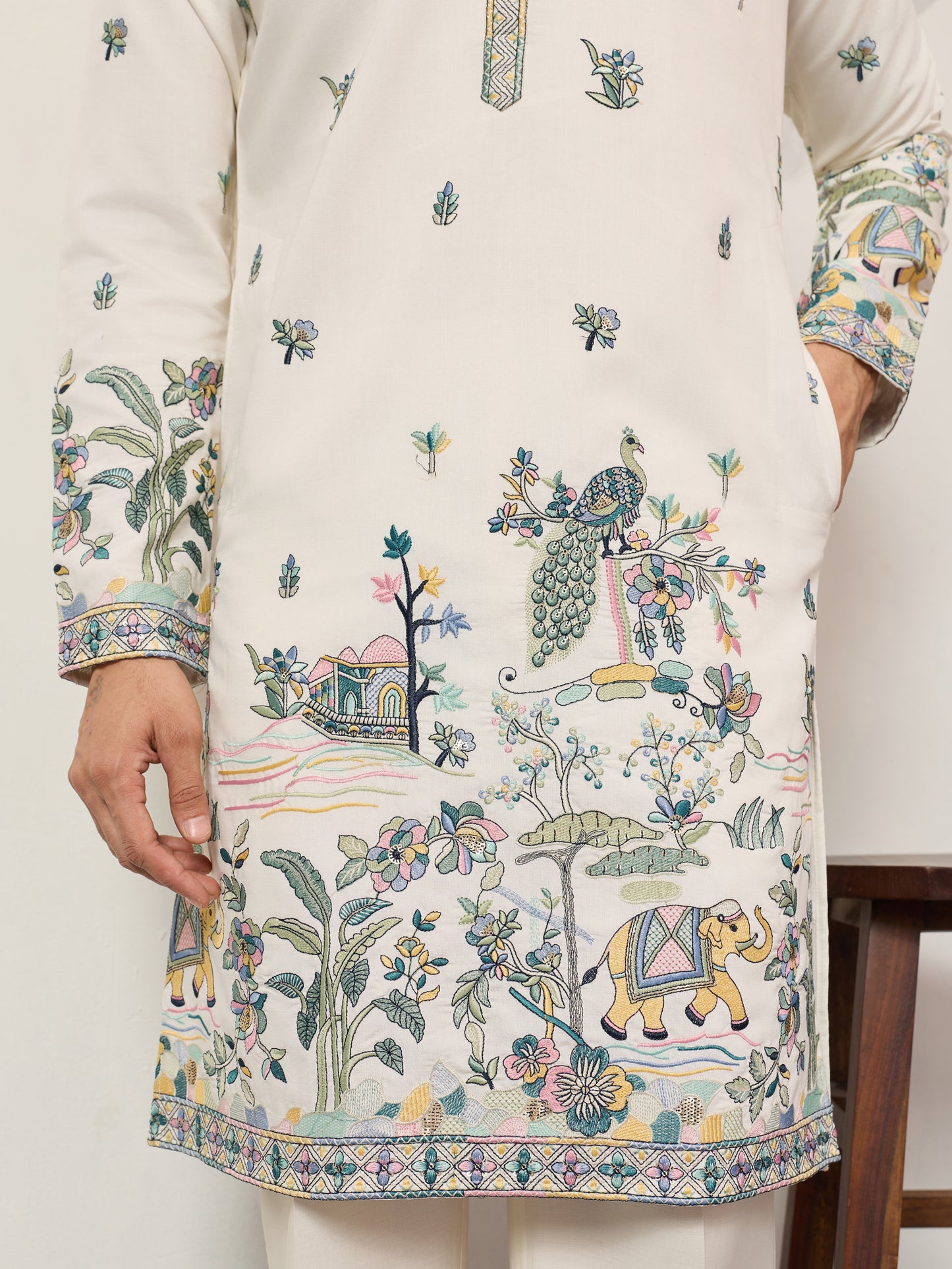 Ivory Embroidered Kurta with Peacock Motif