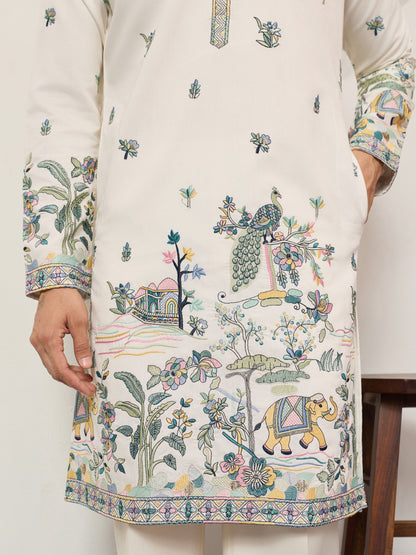 Ivory Embroidered Kurta with Peacock Motif