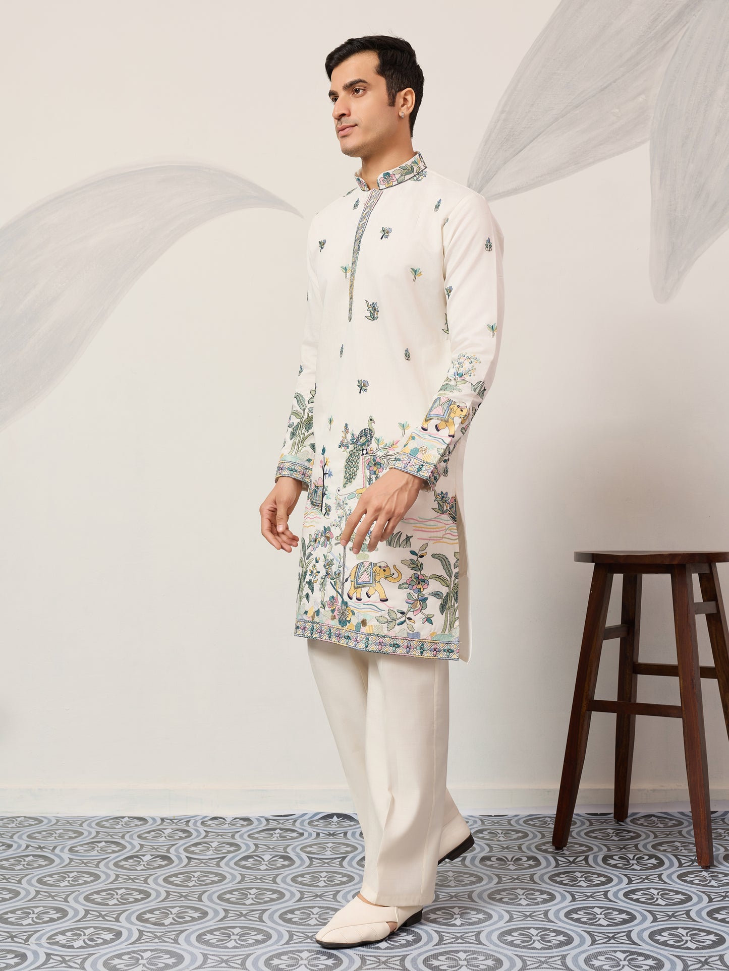 Ivory Embroidered Kurta with Peacock Motif