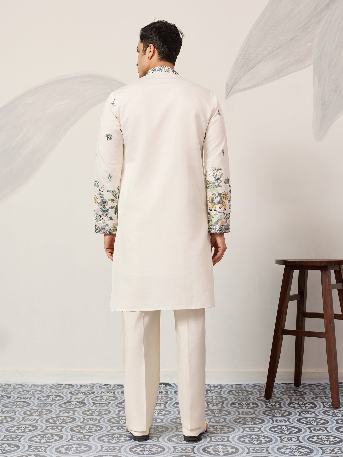 Ivory Embroidered Kurta with Peacock Motif