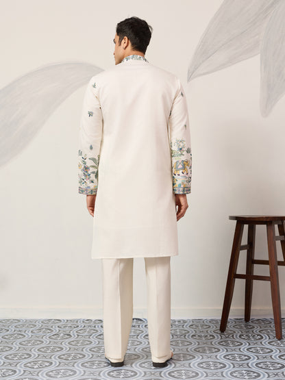 Ivory Embroidered Kurta with Peacock Motif
