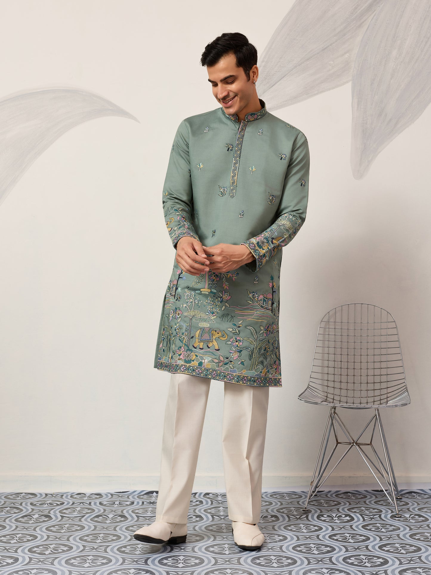 Pista Embroidered Kurta with Peacock & Elephant Motif