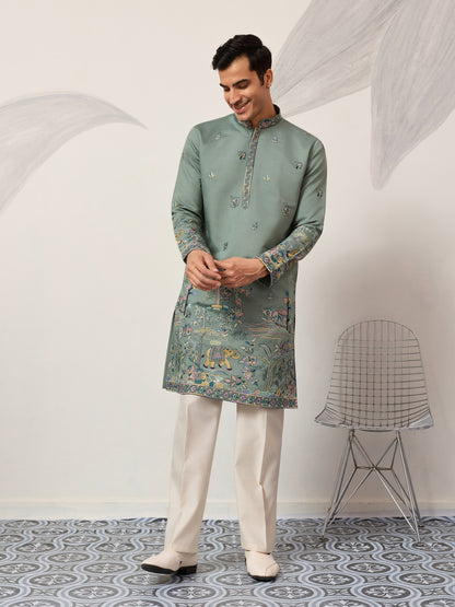 Pista Embroidered Kurta with Peacock & Elephant Motif