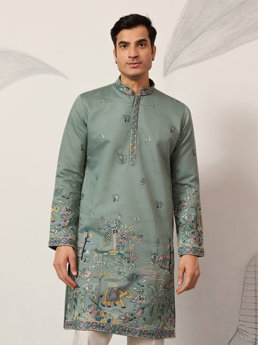 Pista Embroidered Kurta with Peacock & Elephant Motif