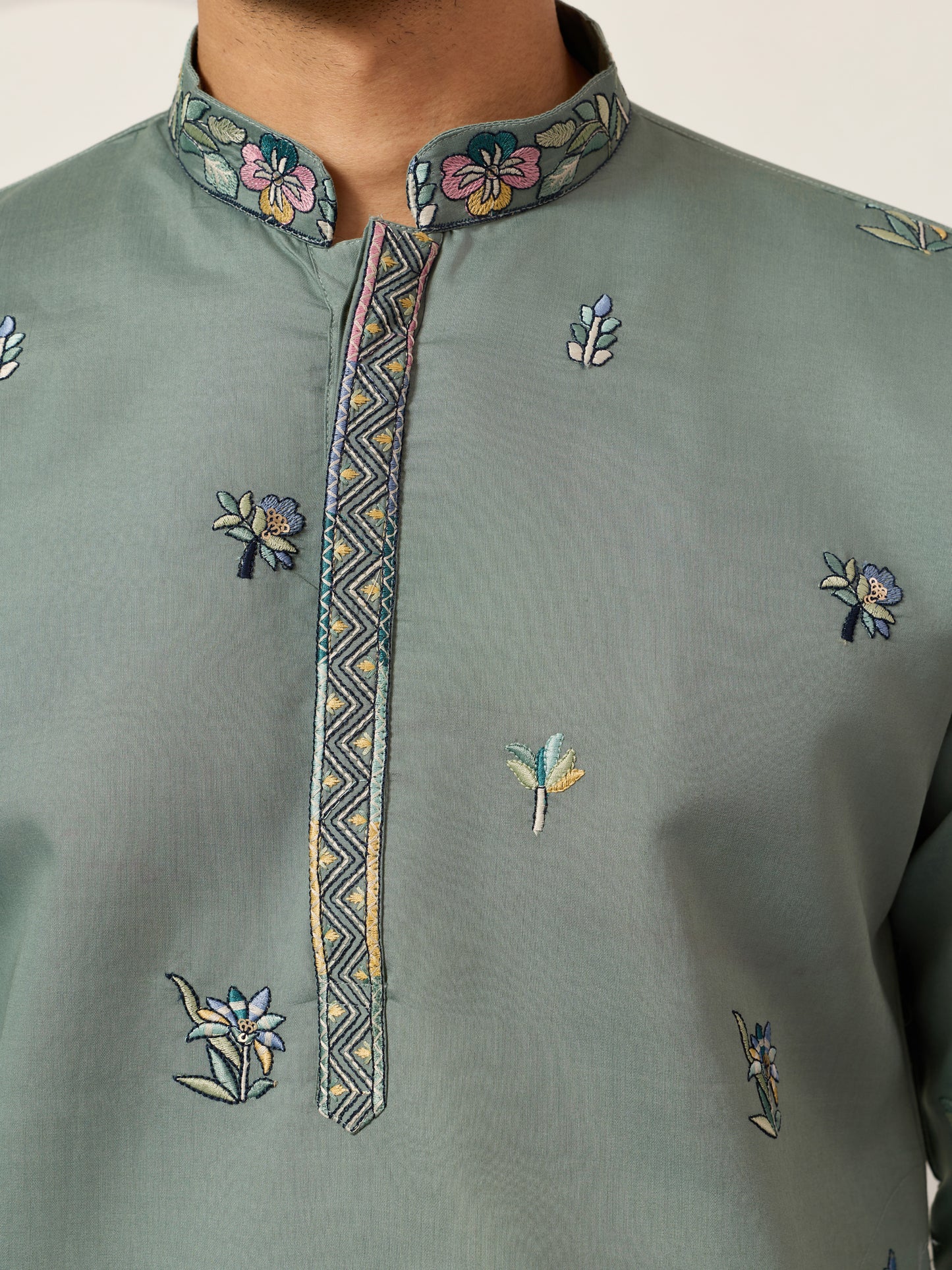 Pista Embroidered Kurta with Peacock & Elephant Motif