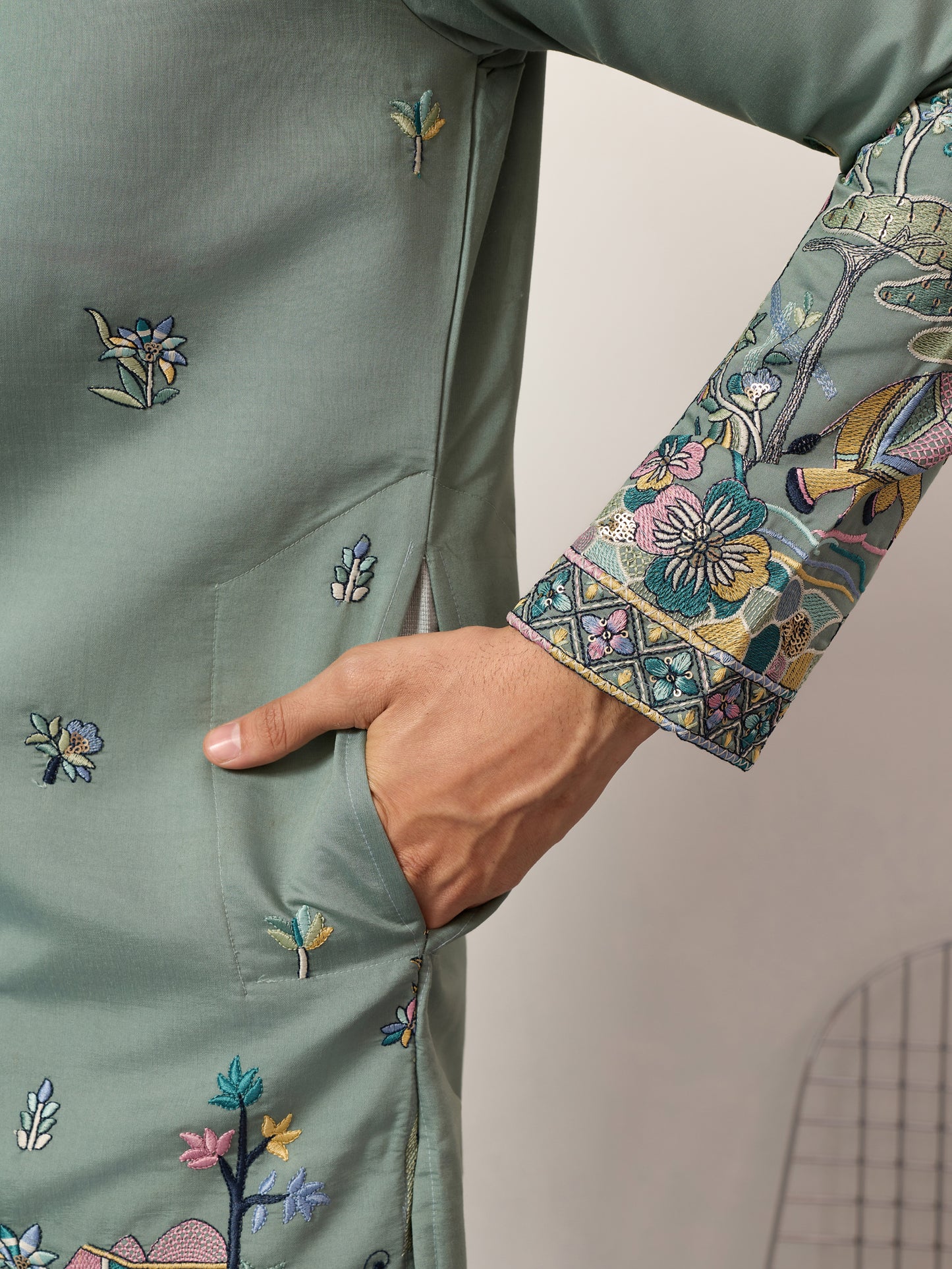 Pista Embroidered Kurta with Peacock & Elephant Motif