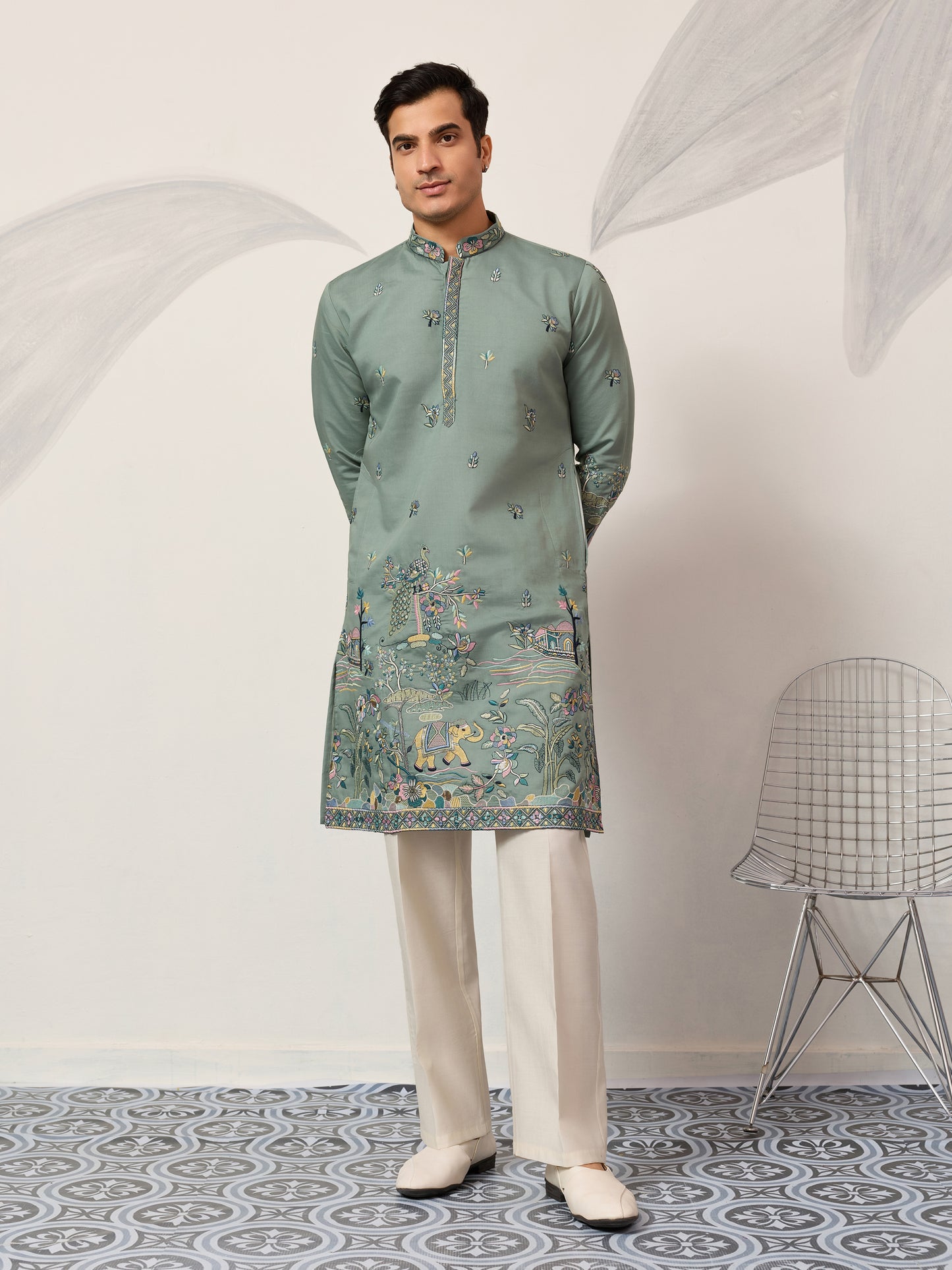 Pista Embroidered Kurta with Peacock & Elephant Motif
