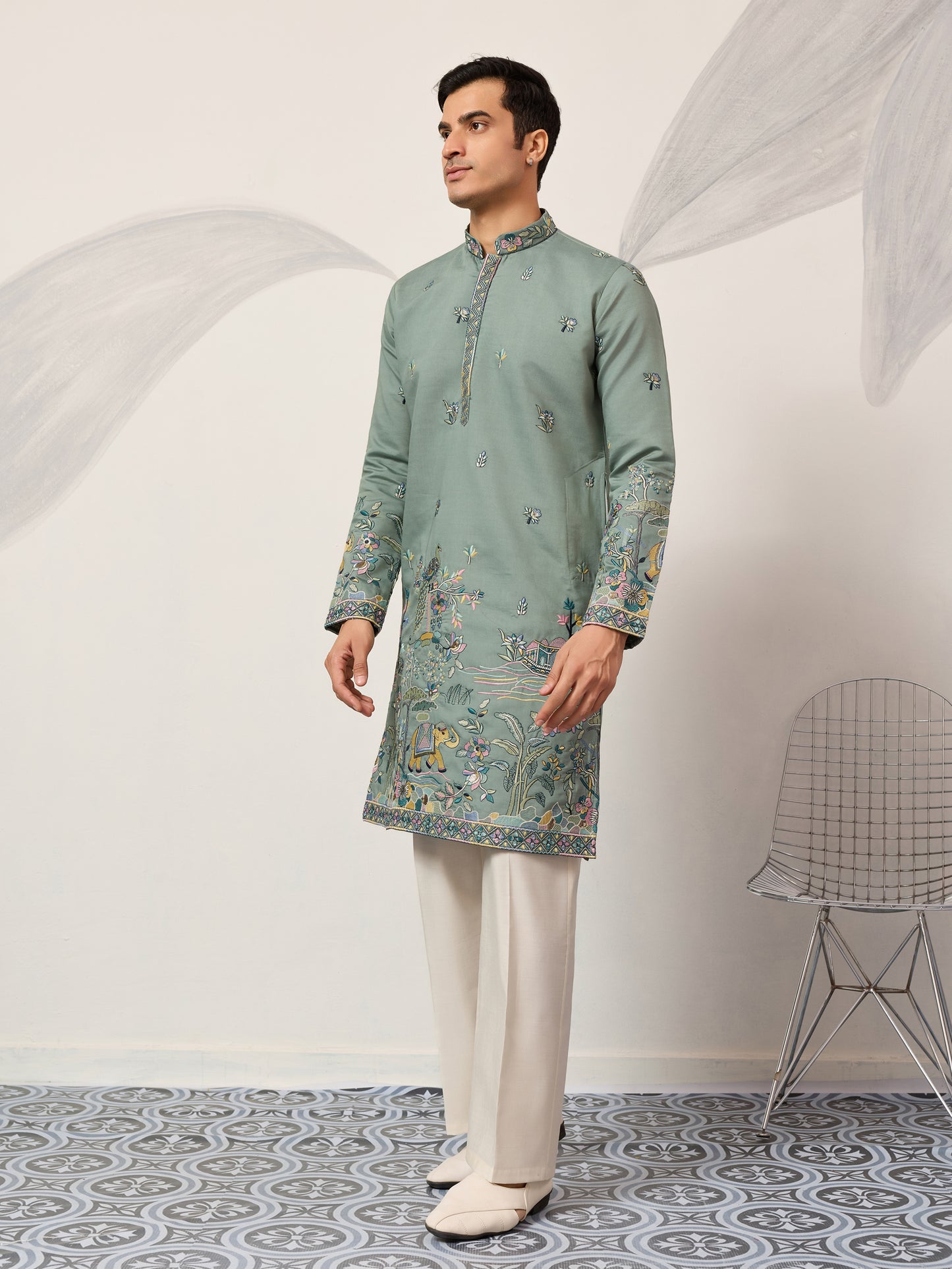 Pista Embroidered Kurta with Peacock & Elephant Motif