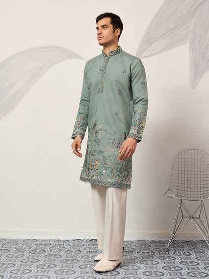Pista Embroidered Kurta with Peacock & Elephant Motif