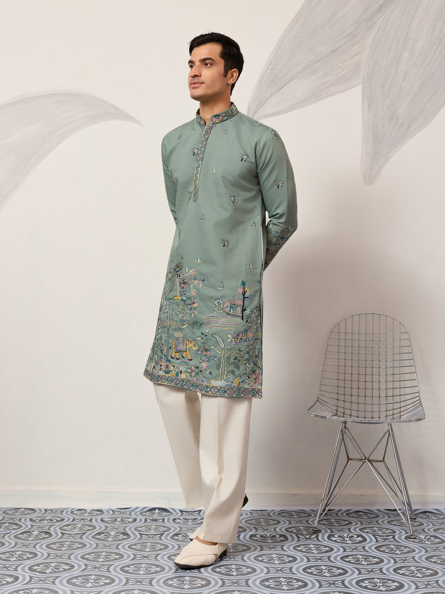 Pista Embroidered Kurta with Peacock & Elephant Motif