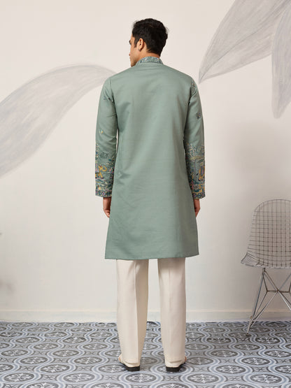 Pista Embroidered Kurta with Peacock & Elephant Motif