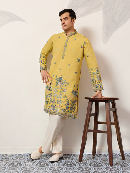Mustard Story Embroidered Kurta – Peacock & Elephant Art Motif