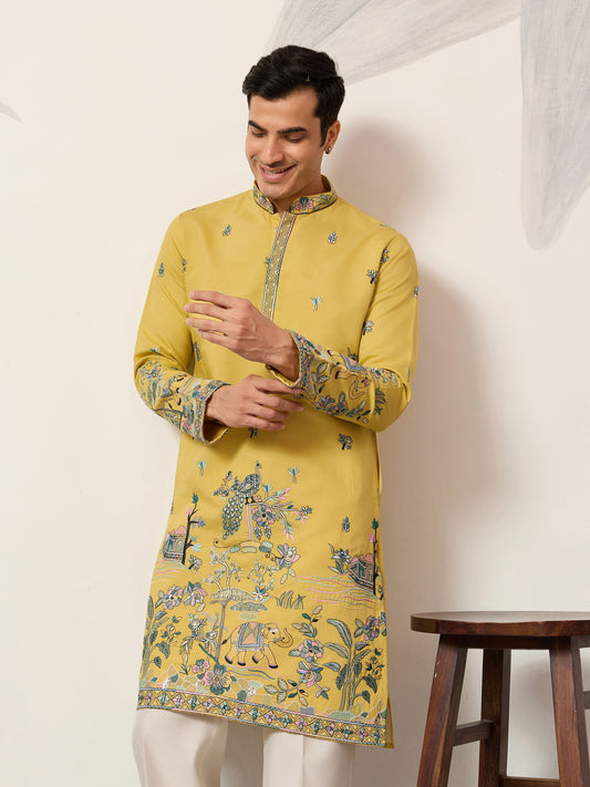 Mustard Story Embroidered Kurta – Peacock & Elephant Art Motif