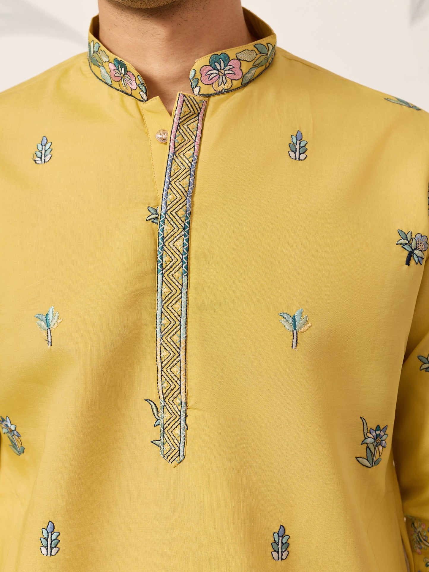 Mustard Story Embroidered Kurta – Peacock & Elephant Art Motif