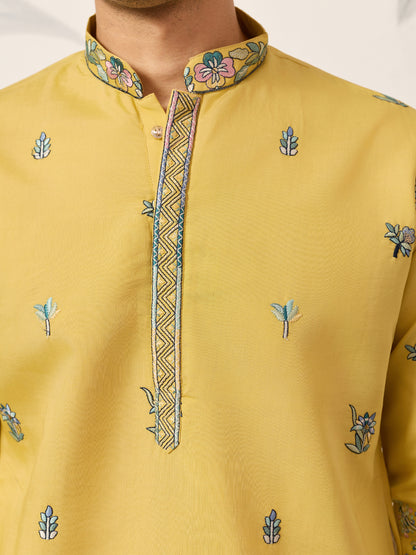Mustard Story Embroidered Kurta – Peacock & Elephant Art Motif