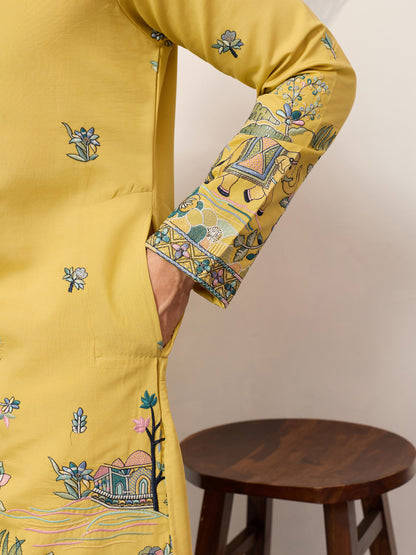 Mustard Story Embroidered Kurta – Peacock & Elephant Art Motif