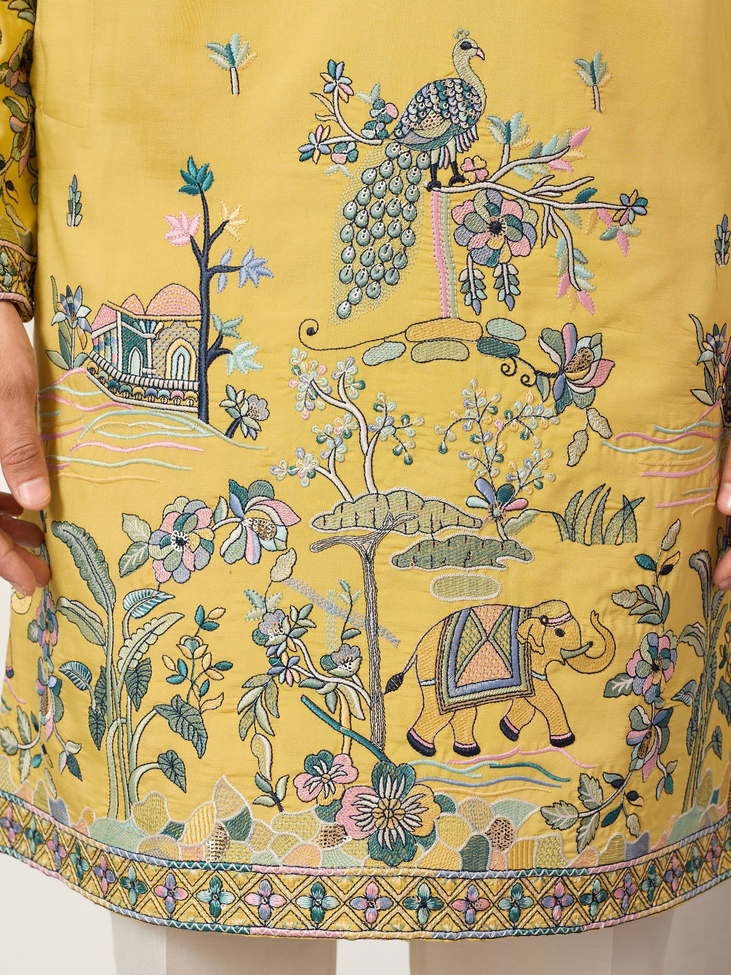 Mustard Story Embroidered Kurta – Peacock & Elephant Art Motif