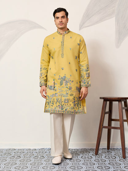 Mustard Story Embroidered Kurta – Peacock & Elephant Art Motif