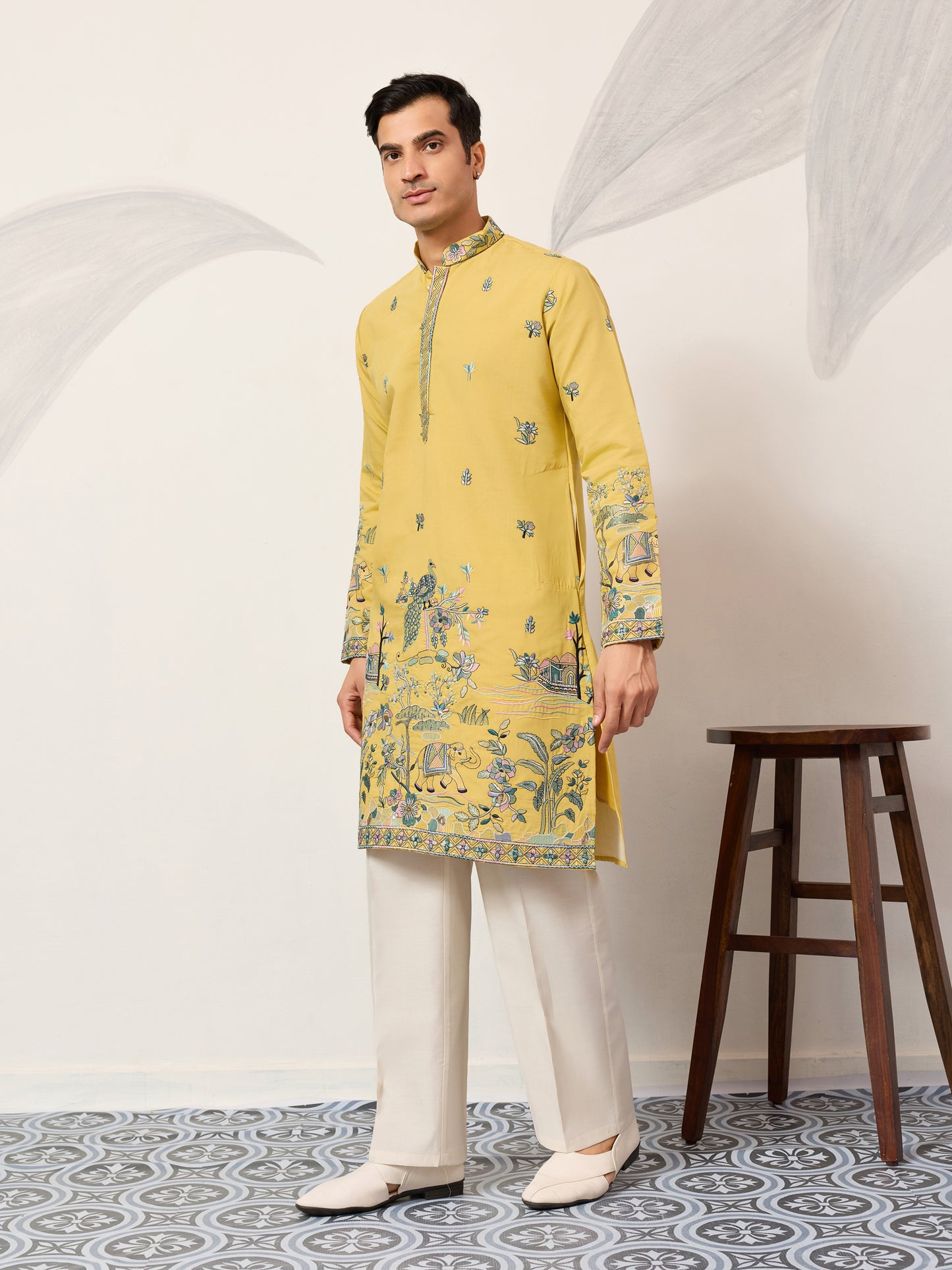 Mustard Story Embroidered Kurta – Peacock & Elephant Art Motif