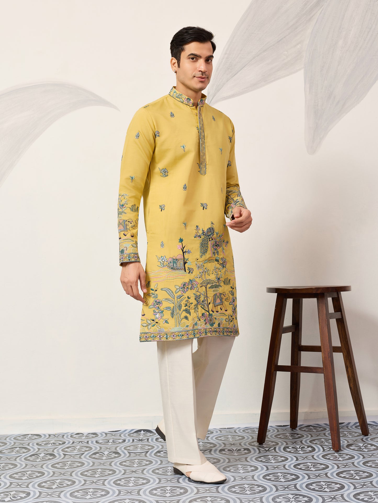 Mustard Story Embroidered Kurta – Peacock & Elephant Art Motif