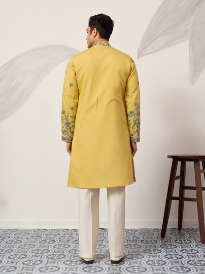 Mustard Story Embroidered Kurta – Peacock & Elephant Art Motif