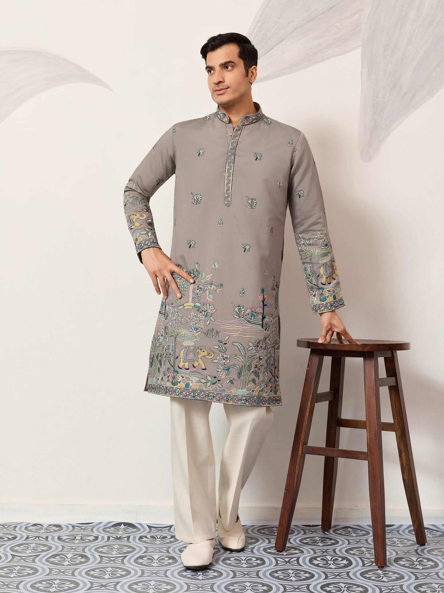 Gray Story Embroidered Kurta – Peacock & Elephant Heritage Motif
