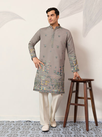 Gray Story Embroidered Kurta – Peacock & Elephant Heritage Motif