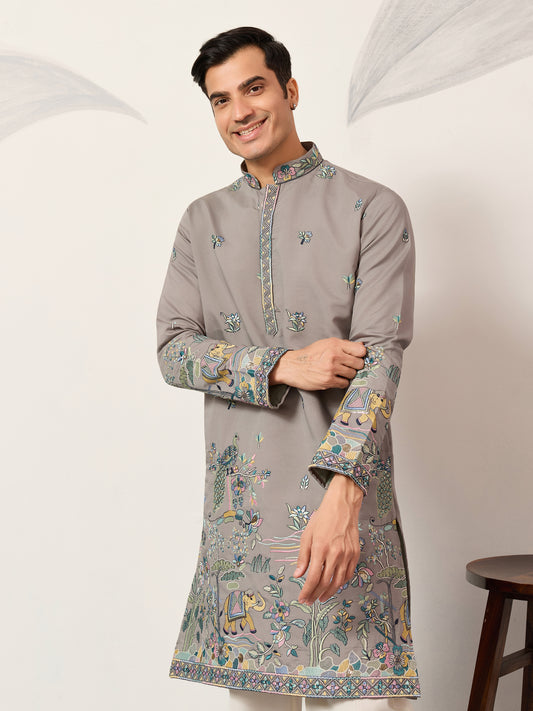 Gray Story Embroidered Kurta – Peacock & Elephant Heritage Motif