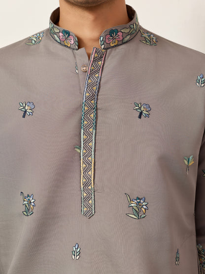Gray Story Embroidered Kurta – Peacock & Elephant Heritage Motif