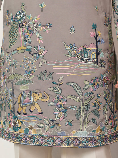 Gray Story Embroidered Kurta – Peacock & Elephant Heritage Motif