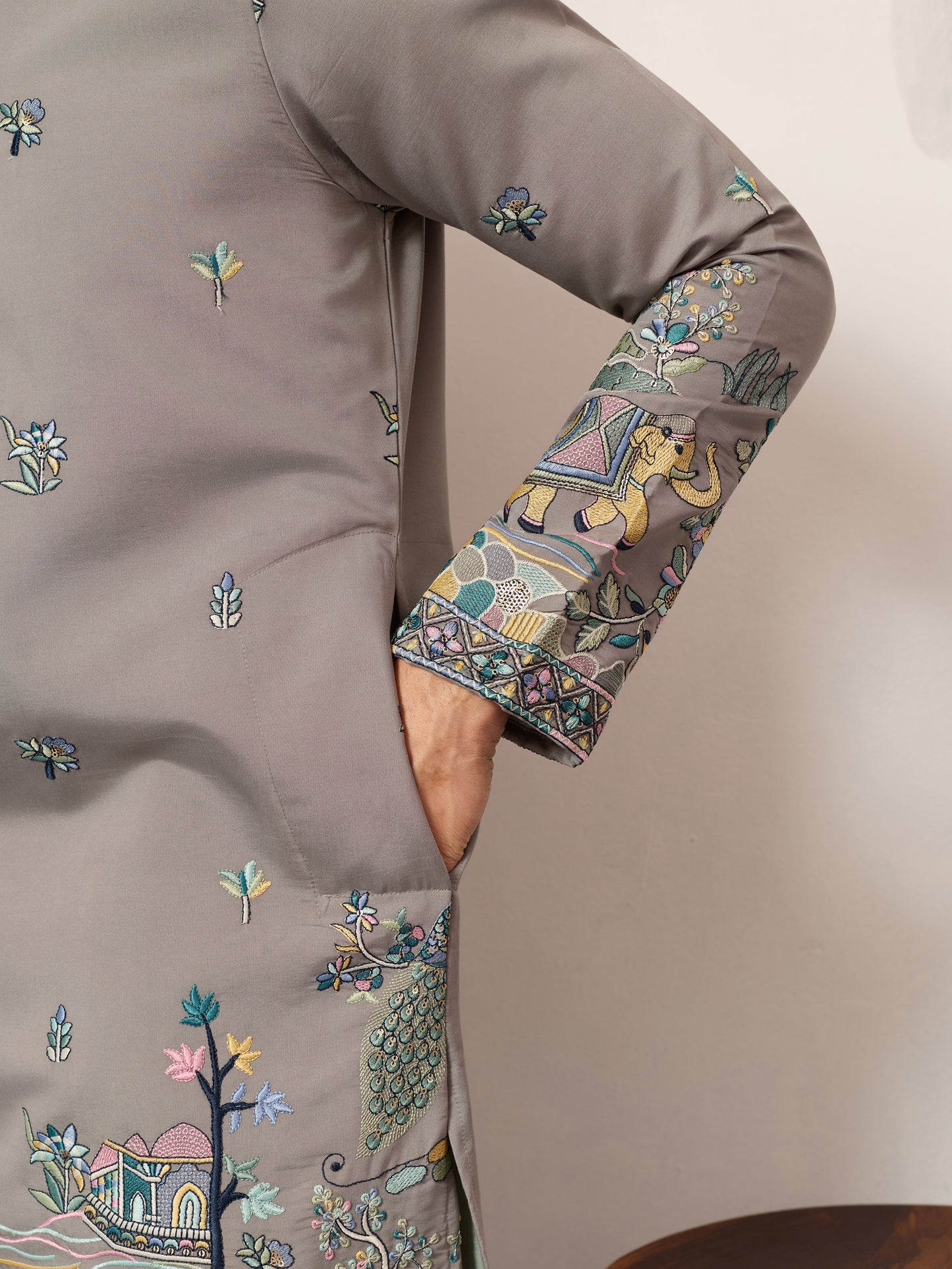 Gray Story Embroidered Kurta – Peacock & Elephant Heritage Motif