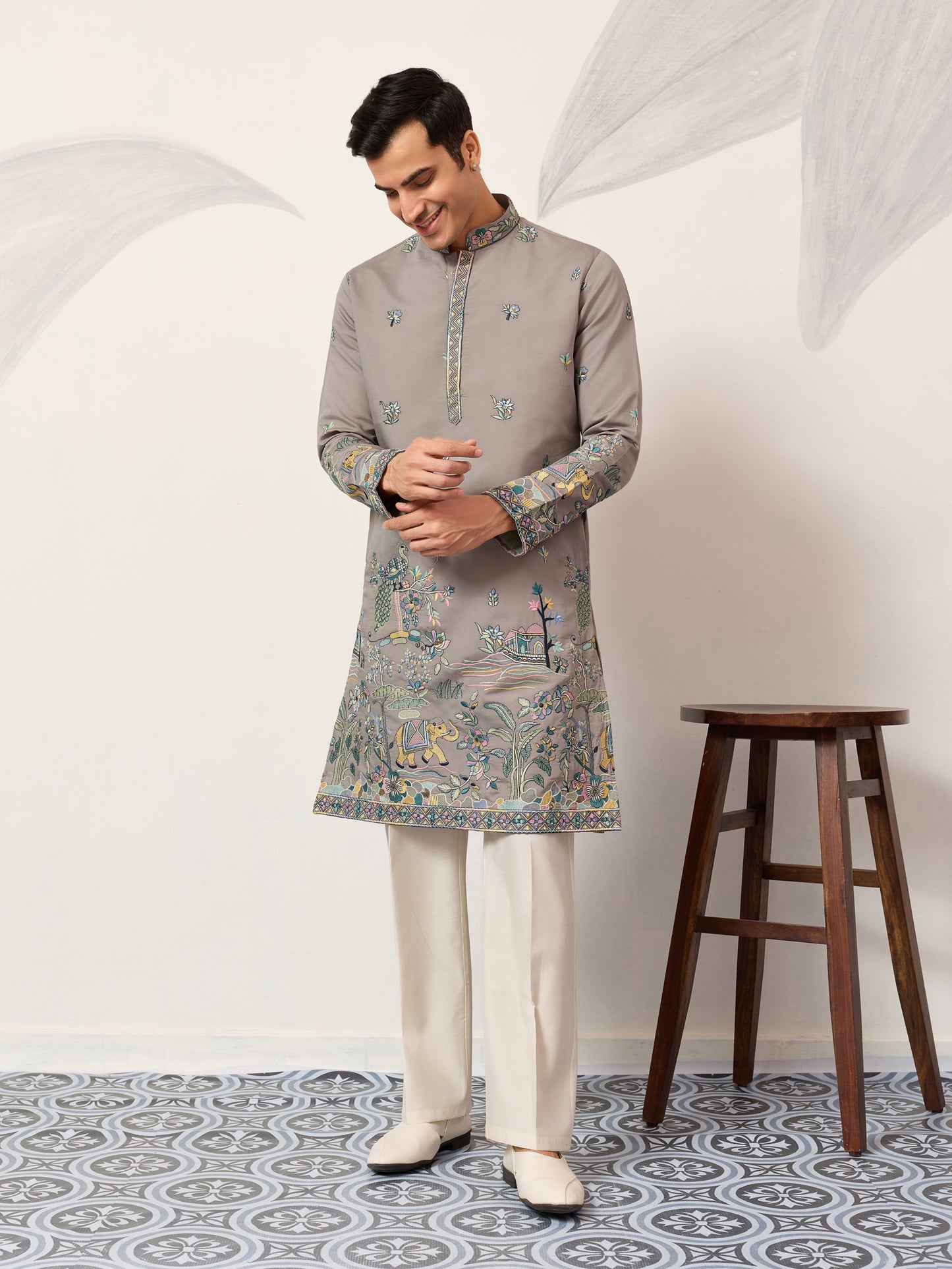 Gray Story Embroidered Kurta – Peacock & Elephant Heritage Motif
