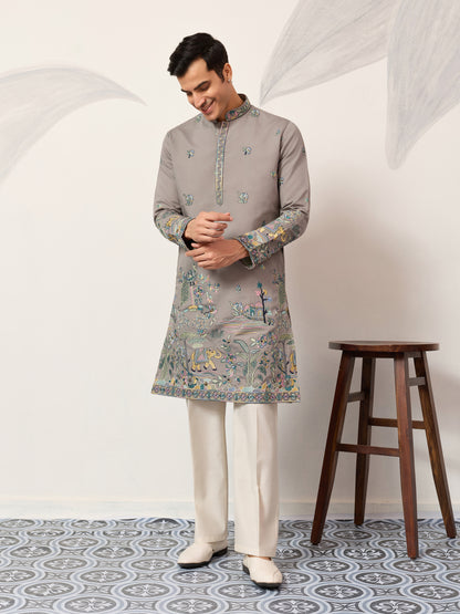 Gray Story Embroidered Kurta – Peacock & Elephant Heritage Motif