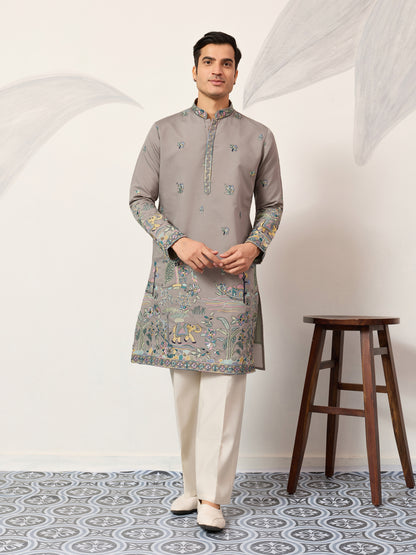 Gray Story Embroidered Kurta – Peacock & Elephant Heritage Motif