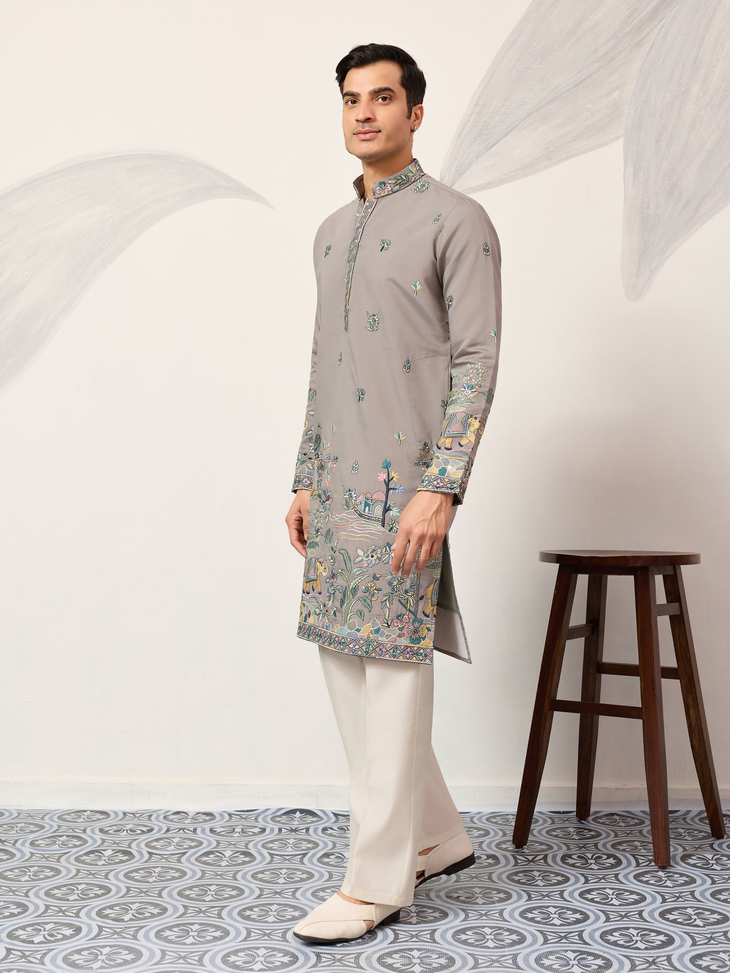 Gray Story Embroidered Kurta – Peacock & Elephant Heritage Motif
