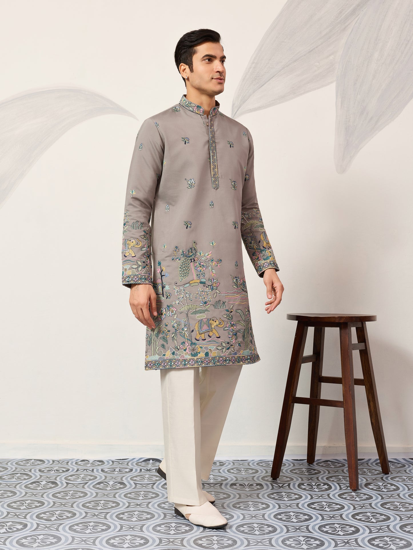 Gray Story Embroidered Kurta – Peacock & Elephant Heritage Motif