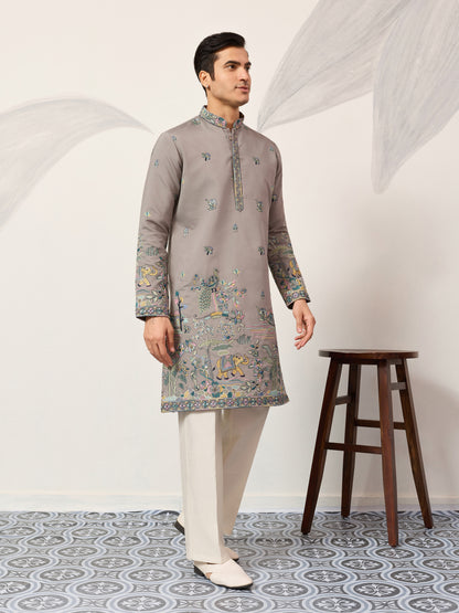 Gray Story Embroidered Kurta – Peacock & Elephant Heritage Motif